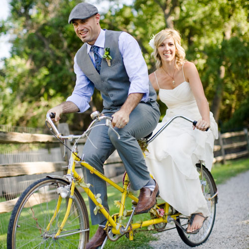 Bride and Groom on Tandem Bike